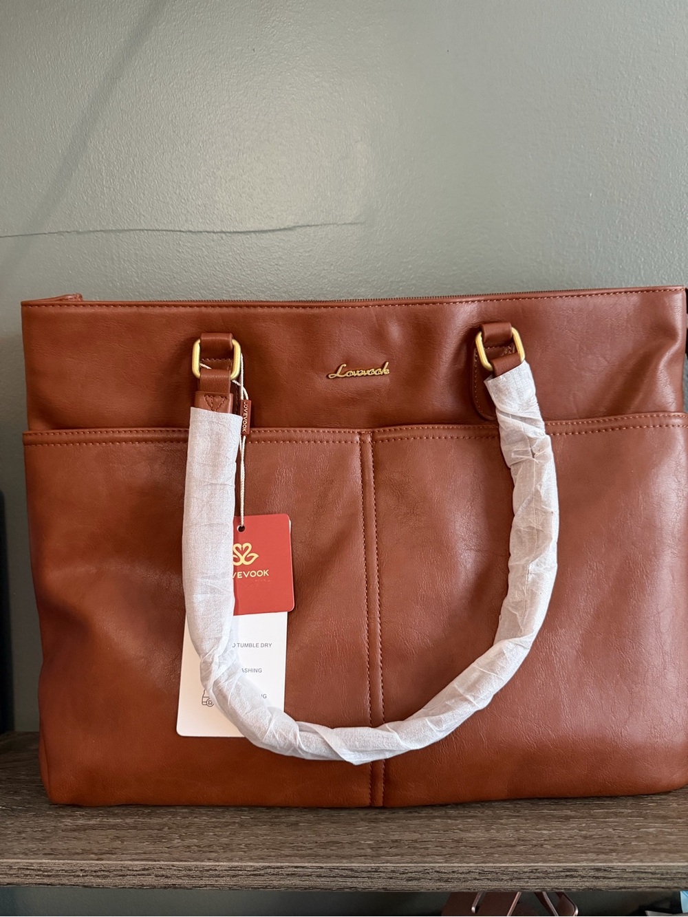 Lovcook Chestnut Faux Leather Tote with Gold Accents